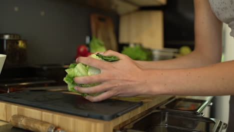 Close-Up-of-Female-Hands-Placing-Lettuce-In-Salad-Bowl