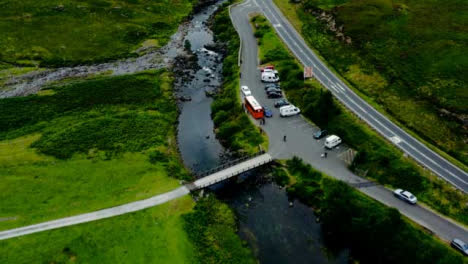 Aerial-Drone-Shot-of-Road-Next-to-Loch-Achtriochtan-in-Glen-Coe