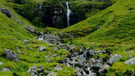 Aerial-Drone-Shot-of-Stream-and-Waterfall-in-Glen-Coe