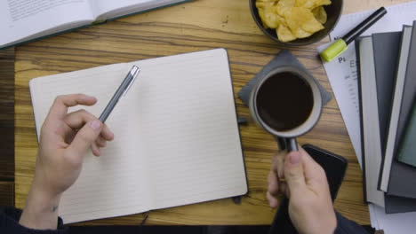 Man-Drinking-Coffee-and-Holding-Pen-In-Other-Hand-