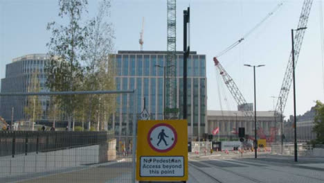 Dolly-Out-Shot-of-No-Pedestrian-Access-Sign-In-Birmingham-Street