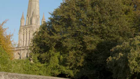 Tilting-Shot-of-Spire-of-St-Mary-Redcliffe-Church-In-Bristol-England