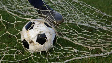 Medium-Shot-of-Soccer-Ball-Sitting-In-Goal-Net-Before-Foot-Rolls-It-Out