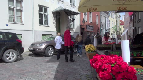 Tallinn-Estonia-tourists-walk-by-flower-stand