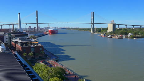 Georgia-river,-bridge,-grain-elevator-zoom-in