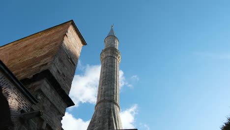 Low-Angle-Shot-of-Hagia-Sophia-Minaret-Mosque-