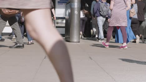 Close-Up-London-Commuters-Feet-Legs-Walking-Towards-Escalator-Train-Or-Tube-UK
