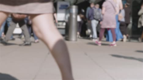 Defocused-Close-Up-London-Commuters-Feet-Legs-Walking-Escalator-Train-Tube-UK