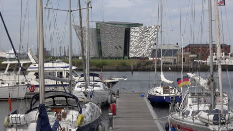 Northern-Ireland-Belfast-Titanic-Museum-And-Boats-In-Marina-Zoom-In