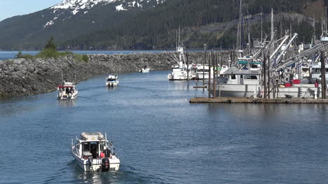Alaska-Whittier-Three-Boats-Sailing-In-Harbor-Pan