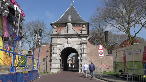 Netherlands-Schoonhoven-City-Gate-With-People-Walking