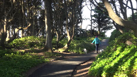 Oregon-woman-walks-dogs-on-coastal-trail