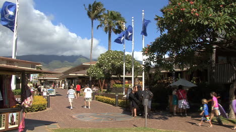Tourists-and-flags-at-resort-on-Maui