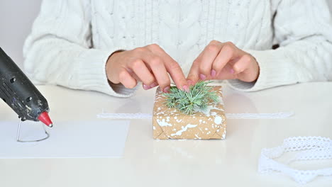 Female-Hands-Uses-A-Glue-Gun-To-Decorate-A-Wrapped-Gift-With-A-Pine-Cone-And-A-Branch
