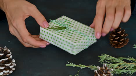 Weibliche-Hände-Schmücken-Eine-Geschenkbox-Mit-Grüner-Verpackung-Mit-Einem-Tannenzweig