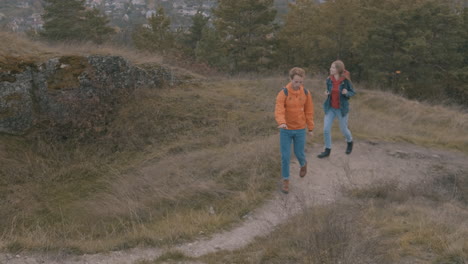 Junge-Männliche-Und-Weibliche-Wanderer-Mit-Rucksack,-Die-Den-Berg-Hinaufgehen