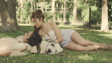 Young-Women-Pet-A-Big-Dog-Lying-On-The-Grass