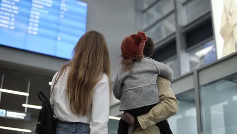 Unrecognizable-Young-Family-Stop-Against-And-Look-To-Flight-Schedule-Board