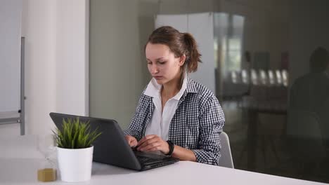 Girl-With-Ponytail-Use-Laptop-In-Modern-Loft-Studio