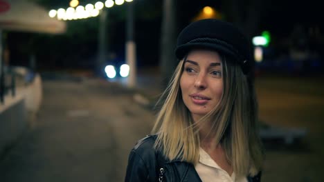 Beautiful-Blonde-Woman-Walking-By-City-Street-In-The-Night-Time