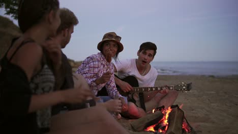Picnic-Of-Young-People-With-Bonfire-On-The-Beach-In-The-Evening-1