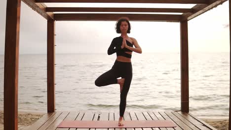 Retrato-De-Una-Mujer-Con-Ropa-Deportiva-Negra-Practicando-Yoga-En-Una-Alfombra-Frente-Al-Mar-Por-La-Mañana-Realizando-Una-Pose-De-Una-Pierna