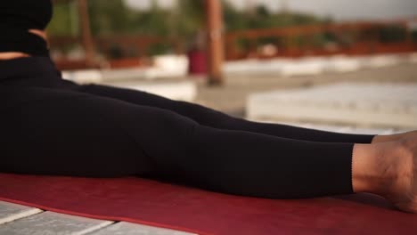 Mujer-Atlética-Practicando-Yoga-En-La-Alfombra-En-La-Playa-Realizando-Elementos-De-Yoga,-Tablón-Hacia-Arriba