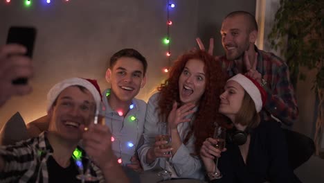 Group-Of-Beautiful-Young-People-Doing-Selfie-In-Decorated-Room,-Best-Friends-Girls-And-Boys-Together-Having-Fun,-Holding-Glasses-With-Champagne-1