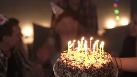 Close-Up-Footage,-Focus-Onbirthday-Cake-With-Burning-Candles