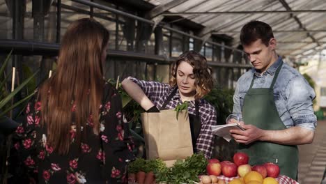 Cheerful-Salescouple-Wearing-Apron-Are-Selling-Organic-Food-To-Customer-In-Greenhouse