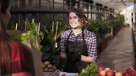 Portrait-Of-European-Saleswoman-Wearing-Apron-Is-Giving-Organic-Food-In-Brown-Paper-Bag-To-Female-Customer-In-Greenhouse