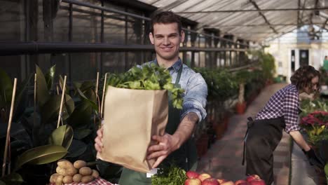 Young-Tall-Man-In-Apron-Holding-Brown-Paper-Bag-With-Fresh-Vegetables-And-Greens,-Smiling-Laughing-While-Posing-For-Camera-In-Food-Market-Standing-In-A-Row-Of-Indoors-Greenhouse-In-Front-The-Table-With-Organic-Food