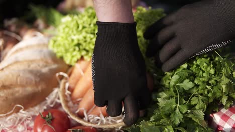 Nahaufnahme-Männlicher-Bauernhände-In-Schwarzen-Handschuhen,-Die-Bio-Salat-Arrangieren,-Bio-Karotten-In-Perfekter-Form-Auf-Dem-Bauernmarkt,-Die-Drinnen-Im-Gewächshaus-Stehen