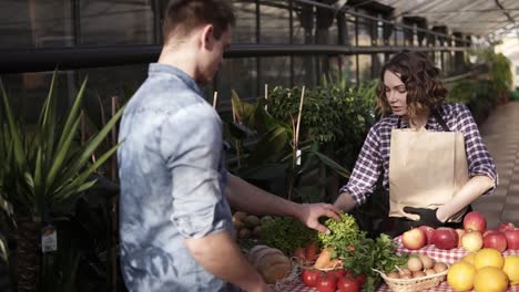 Brunette,-European-Saleswoman-Wearing-Apron-Helping-With-A-Customer's-Choice,-Putting-A-Pile-Of-Green-Salad-In-Brown-Paper-Bag-To-Male-Customer-In-Greenhouse