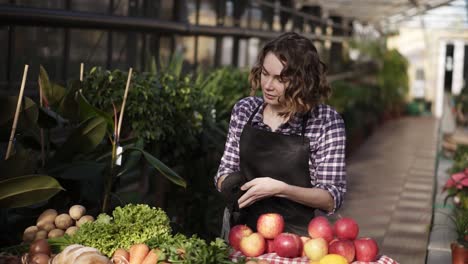 Portrait-Of-Beautiful-Woman-Farmer-Putting-On-Black-Gloves-And-Starting-To-Arrange-Organic-Food-In-Farm-Market-Standing-Indoors-In-Spacious-Greenhouse