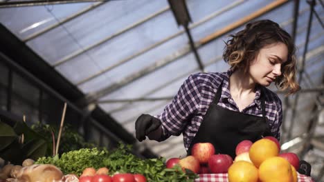 Low-Angle-View-Of-A-Beautiful,-Smiling-Woman-Farmer-In-Black-Gloves-Arranging-Organic-Food-In-Farm-Market-Greens,-Eggs,-Vegetables-Standing-Indoors-In-Spacious-Greenhouse