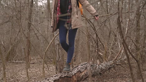 An-Unrecognizable-Young-Girl-Balances-Across-A-Fallen-Tree-Trunk-In-The-Middle-Of-The-Forest