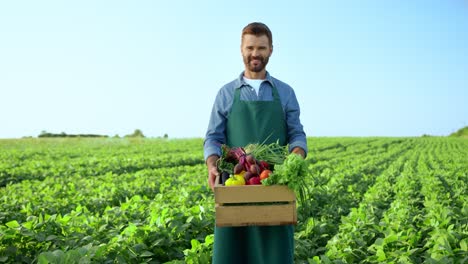 Portrait-Shot-Of-The-Young-Handsome-Man-Farmer-Standing-In-The-Green-Field-During-Harvesting-And-Holding-A-Box-With-Mature-Vegetables