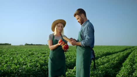 Two-Cheerful-Farmers,-Man-And-Woman-Talking-And-Looking-At-The-Vegetables-They-Picked-Up-As-Harvest-In-The-Green-Field