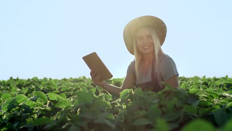 Beautiful-Young-Woman-Sitting-In-The-Green-Field-And-Checking-Harvest-And-Green-Leaves-While-Watching-Something-On-The-Tablet-Computer,-Then-Smiling-To-The-Camera