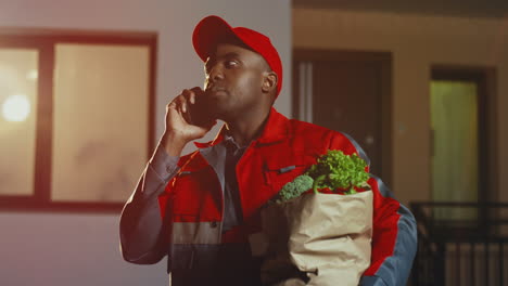 Worker-Of-The-Supermarket-Delivery-In-The-Red-Uniform-And-Cap-Standing-At-The-House-With-Fresh-Vegetables-In-Carton-Package-And-Calling-On-The-Phone-In-The-Evening