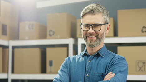 Close-Up-Of-Happy-Attractive-Man-With-Gray-Hair-And-Beard-And-In-Glasses-Smiling-In-Postal-Office-Store-Among-Shelves-With-Carton-Boxes