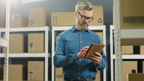Good-Looking-Gray-Haired-Postman-In-Glasses-Standing-In-Postal-Store-With-Parcels-And-Tapping-On-Tablet-Computer