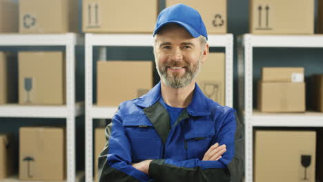 Portrait-Of-Handsome-Deliveryman-With-Gray-Beard-In-Blue-Uniform-And-Cap-Smiling-Cheerfully-To-Camera-In-Postal-Office-Store-Among-Shelves-With-Parcels