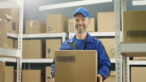 Happy-Man-In-Uniform-And-Cap-Smiling-Cheerfully-To-Camera-With-Carton-Box-In-Post-Office-Store