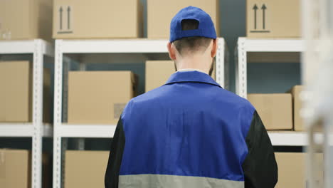 Rear-Of-Young-Deliveryman-In-Blue-Uniform-And-Cap-Walking-In-Parcels-Passage-Of-Post-Store,-Then-Turning-And-Tapping-On-Tablet-Device