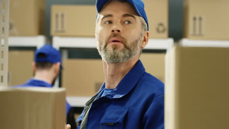 Close-Up-Of-Handsome-Postman-In-Blue-Uniform-And-Cap-Standing-Among-Shelves-With-Carton-Boxes-In-Postal-Office-Storage