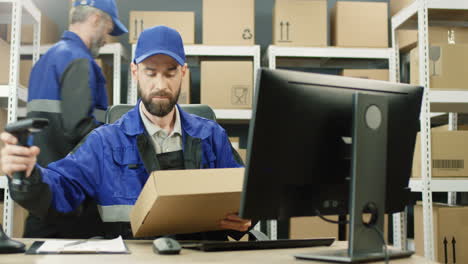 Schöner-Postbote-In-Blauer-Uniform-Und-Mütze,-Der-Am-Tisch-Im-Postgeschäft-Sitzt-Und-Am-Computer-Arbeitet