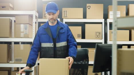 Postal-Male-Worker-In-Uniform-Packing-Carton-Box-On-Table-And-Handing-Parcel-To-Camera-At-Delievery-Department-In-Post-Office