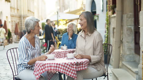 Two-Senior-Female-Best-Friends-Sitting-At-Table-At-Cafe-Terrace-Outdoor,-Deinking-Coffee-And-Talking